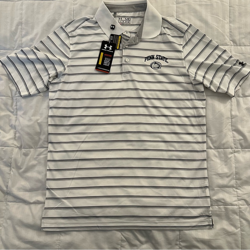 Under Armour Penn State Nittany Lions Polo Shirt Men’s Medium |White Striped NEW